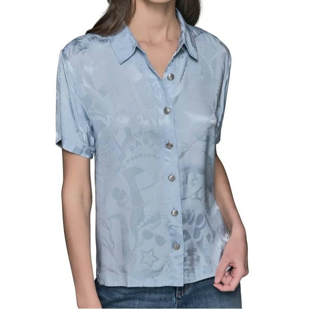 Karl Lagerfeld Paris Jacquard Top Shirt Light Blue Collared Button Up Womens XS